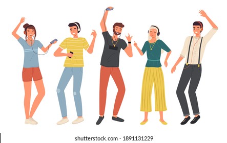 Music listening. Young people with headphones and smartphones set, dance and relaxation lifestyle, happy friends in modern casual wears with earphones. Vector flat cartoon isolated on white concept