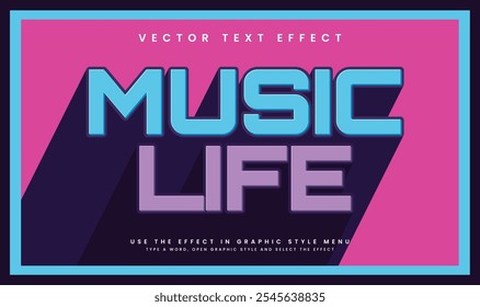 Music live editable vector text effect, with classic long shadow. Suitable for old music event.