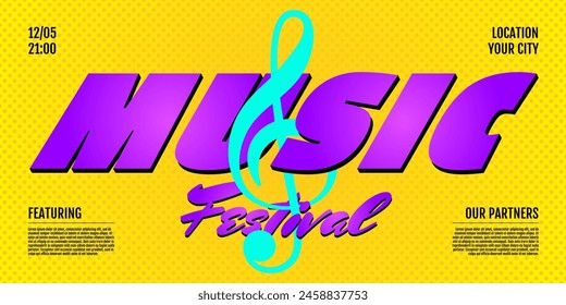 Music live festival show horizontal banner. Invitation flyer cover design template. Treble clef on yellow background. Musical concert advertising print. Eps