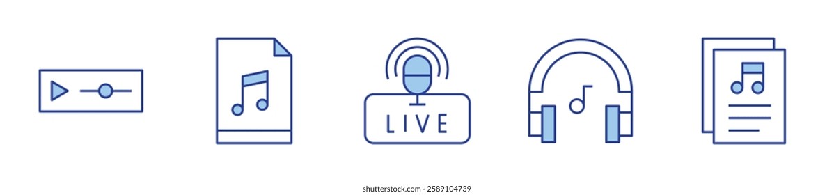 music, live, headphones, music file. Music Icon vector illustration. Line Duotone style. Editable stroke.