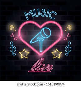 music live label neon lights vector illustration design