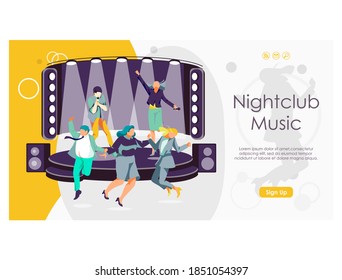Music live performance landing page. Music band performing on stage at concert. Joyful people dancing at nightclub and karaoke bar concept flat vector illustration
