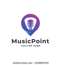Music Location Logo. Guitar and Pin Point Logo Combination
