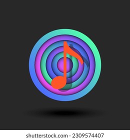 Music logo 3d round shape, musical note symbol and abstract circles sound waves, vibrant gradient layers with shadows paper cut material style.