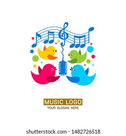 Music logo. Birds sing into a microphone, musical notes around.