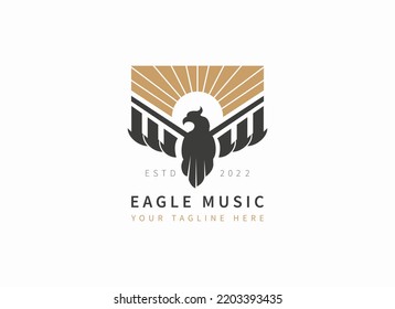 Music Logo. Black and Gold Eagle and Piano Icon isolated on White Background. Usable for, Teaching, Business and Branding Logos. Flat Vector Logo Design Template Element