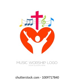 Music logo. Christian symbols. The believer worships Jesus Christ, sings the glory to God