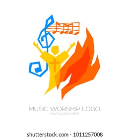 Music logo. Christian symbols. The believer worships Jesus Christ, sings the glory to God