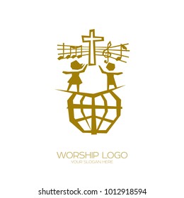 Music logo. Christian symbols. People of all nations and nationalities sing a song of worship to God.