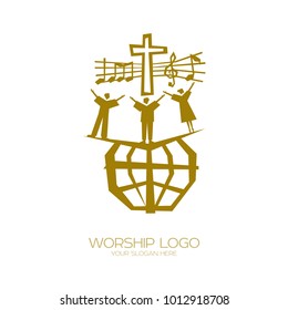 Music logo. Christian symbols. People of all nations and nationalities sing a song of worship to God.