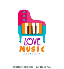 Music logo with colorful grand piano. Large keyboard musical instrument. Vector design for shop emblem, promo poster or flyer