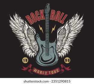 Music logo design. Wing with guitar art. Eagle artwork. Rock and roll vector graphic print design for apparel, stickers, posters, background and others.