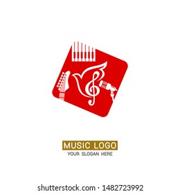 Music logo. Dove on the background of a treble clef and musical instruments