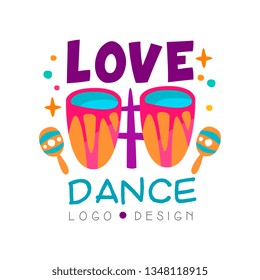 Music logo with drums and maracas. Abstract vector design for dance school, night club or promo party poster