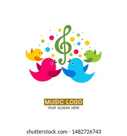 Music logo. A family of birds sings songs, musical notes and colored elements are located around.