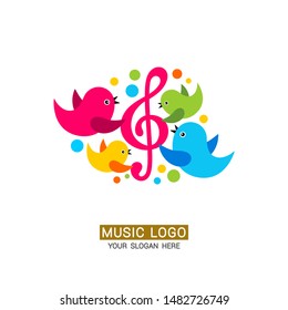 Music logo. A family of birds sings songs, musical notes and colored elements are located around.