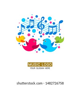 Music logo. A family of birds sings songs, musical notes and colored elements are located around.