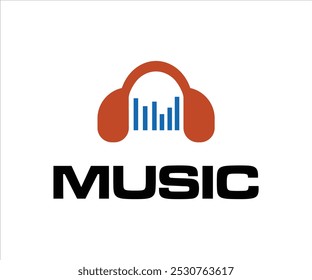 Music logo featuring headphones and sound bars, representing music and audio themes.