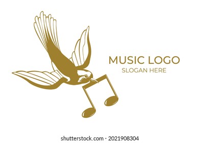 Music logo. Flying bird, musical note, and treble clef. Simple flat logo design