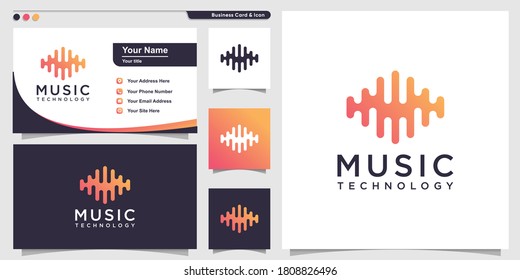 Music logo with gradient technology line art style and business card design template Premium Vector