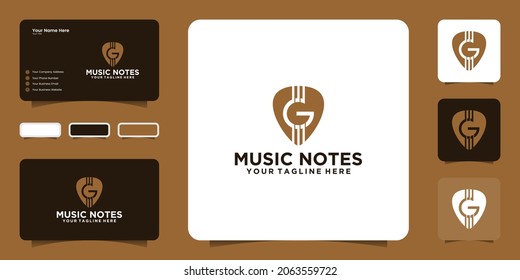 music logo with guitar pick and letter G with business card