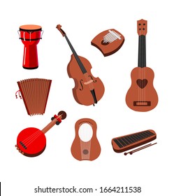 music logo instruments festival monochrome. Set of vintage music logo. Flat vector design for music festival. Dj design concept set with music equipment. Audio Icons set, Audio instruments signs.
