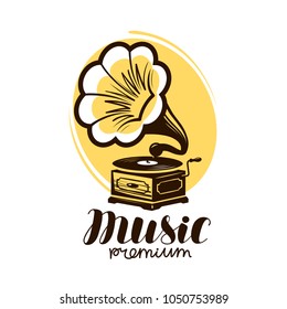 Music Logo Or Label. Retro Gramophone, Phonograph Symbol. Vector Illustration