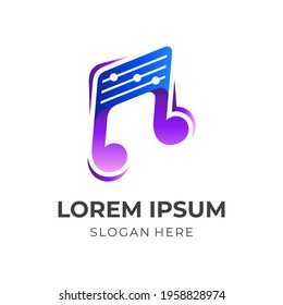 music logo, note and equalizer, combination logo with 3d blue and purple color style