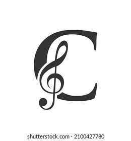 Music Logo On Letter C Concept. C Music Note Sign, Sound Music Melody Template