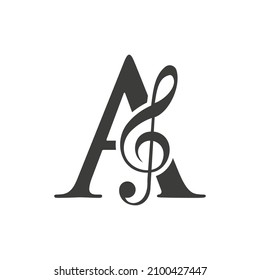 Music Logo On Letter A Concept. A Music Note Sign, Sound Music Melody Template