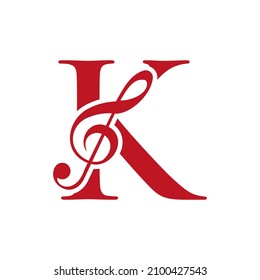 Music Logo On Letter K Concept. K Music Note Sign, Sound Music Melody Template