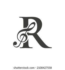 Logo De Música En El Concepto De Letra R. Signo de nota musical R, plantilla de melodía de música de sonido