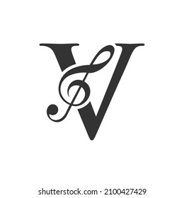 Music Logo On Letter V Concept. V Music Note Sign, Sound Music Melody Template