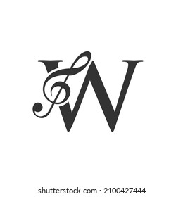 Music Logo On Letter W Concept. W Music Note Sign, Sound Music Melody Template