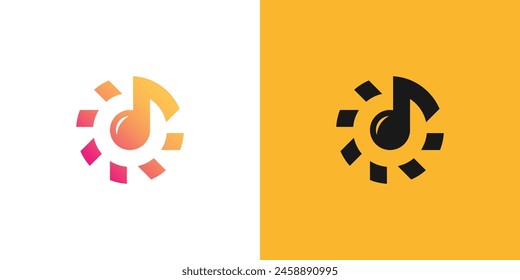 Logo musical y Chispas de luz solar. Tono de música y sol, Inspiración de diseño de Vector de logo.