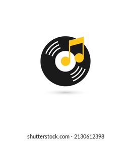Music logo template. Abstract creative note sign and round vinyl. Isolated on white background. Vector illustration, eps 10.