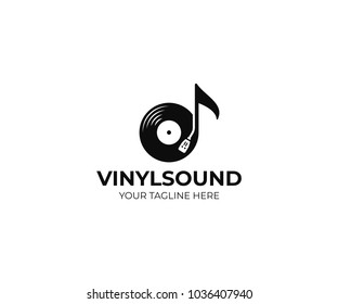 Music logo template. Musical note and vinyl record vector design. Turntable illustration