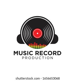 Music logo template. Musical note and vinyl record vector design. Turntable illustration