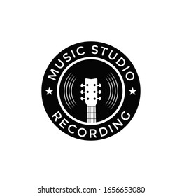 Music logo template. Musical note and vinyl record vector design. Turntable illustration