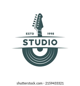 Music logo templates. Music guitar and vinyl record vector design. Turntable illustration