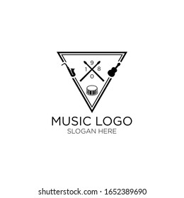 Music logo with triangle line art. Logo vector. Music icon badge