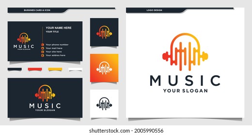 Music logo with unique headphones shape and businnes card design Premium vektor