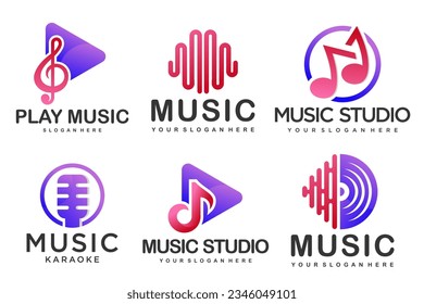 Music logo.spectrum,vinyl record,guitar,tone,microphone and headphone icon set .vector illustration