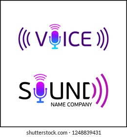 Music logotype with text – Sound and Voice. The microphone sign in the purple word. Modern stylish logo. Vector illustration.