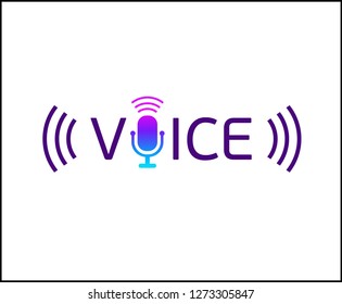 Music logotype with text - Voice. The microphone sign in the purple word. Modern stylish logo. Vector illustration.