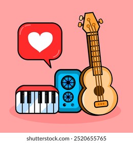 Music and love cartoon illustration. Musical instrument. Suitable for entertainment equipment content