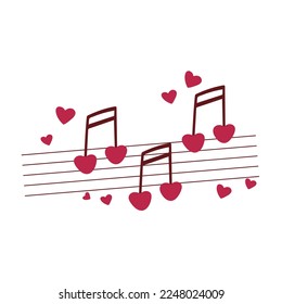 Music love concept. Notes hearts on stave clip art. Romantic hand drawn illustration for valentines day. Melody hearts isolated vector