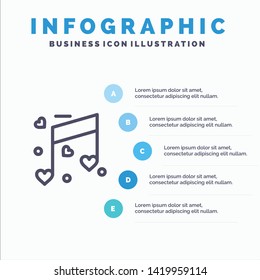 Music, Love, Heart, Wedding Line icon with 5 steps presentation infographics Background