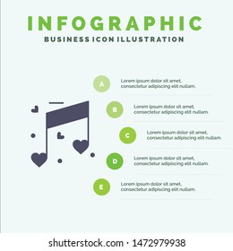 Music, Love, Heart, Wedding Solid Icon Infographics 5 Steps Presentation Background