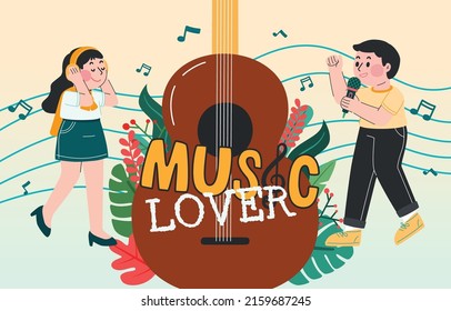 Music Lover Concept Poster, Man and Woman Love Music, Vector, Illustration